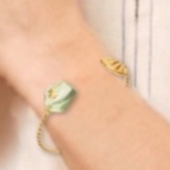 Tory Burch Gold and Green Twisted shell logo small open cuff Bracelet - Picture 4 of 10